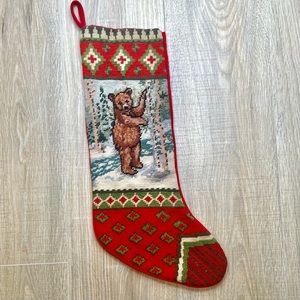 Christmas stocking. Handmade cross stitch, embroidered. Bear themed.
